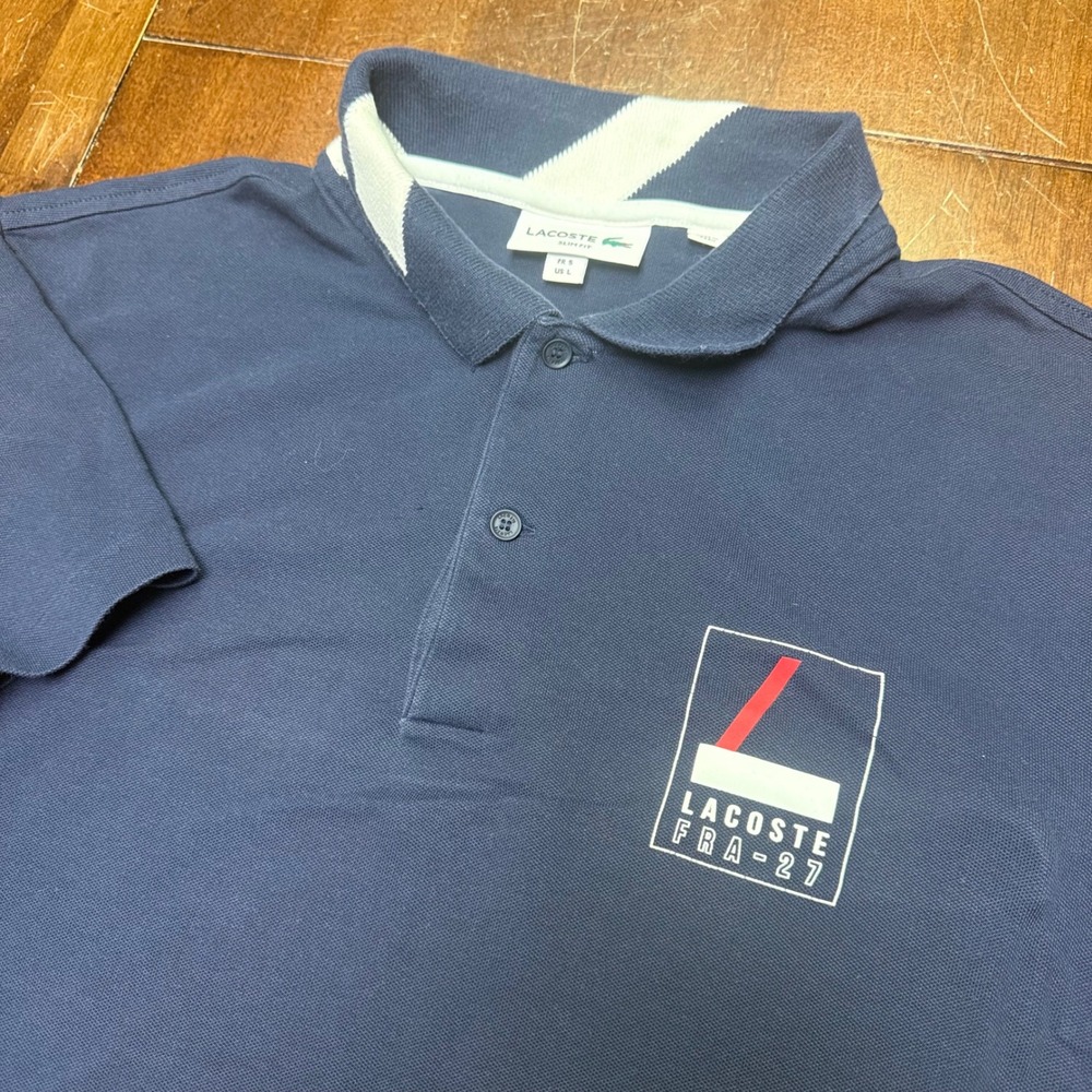 Lacoste Polo Shirt Mens L Navy Blue Slim Fit FRA-27 Graphic Stripe Collar